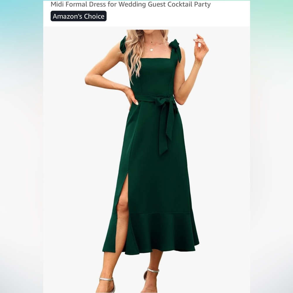Amazon Emerald Green Tie Front Midi Dress with Slit